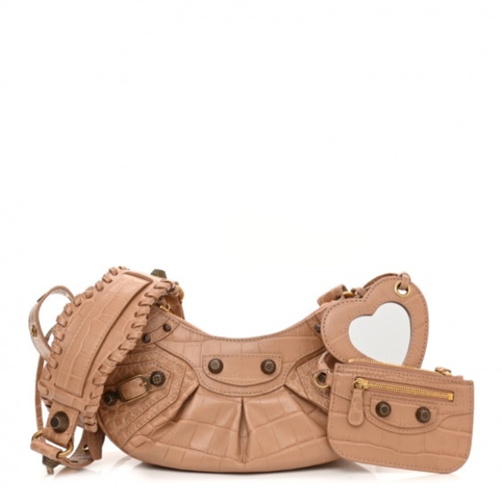 Balenciaga Le Cagole Beige Nude Croc Embossed City Leather XS Shoulder Bag